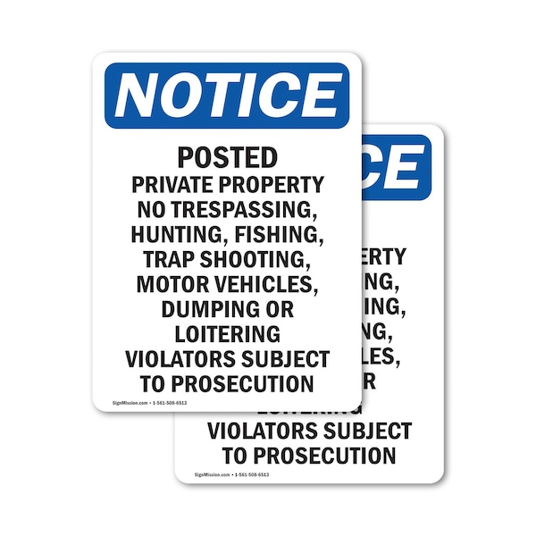 Signmission Posted Private Property No Trespassing OSHA Notice Sign, Vinyl Decal, 5in W x 7in L, 2PK OS-2PACK-NS-D-57-V-17731 - main